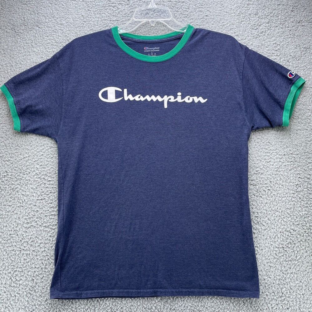 Champion Shirt Mens Large Blue Green Trim Spellout Ringed Neck Sleeve T-Shirt